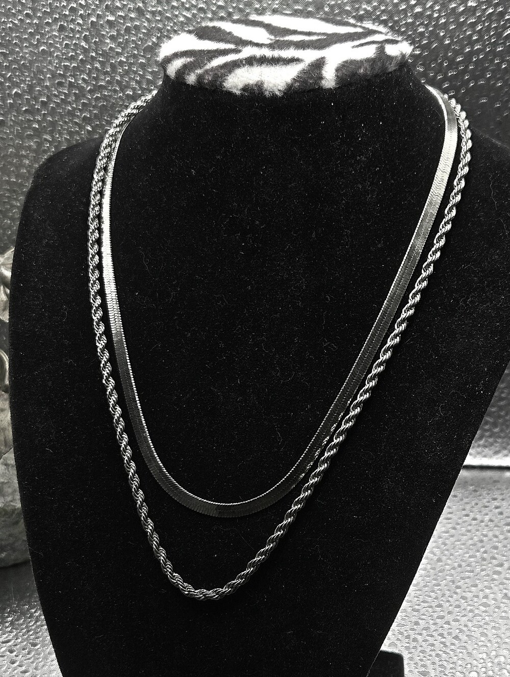 "5/$40" Double Strand Adjustable Silver Tone Chain Necklace Flat/Twisted Rope
